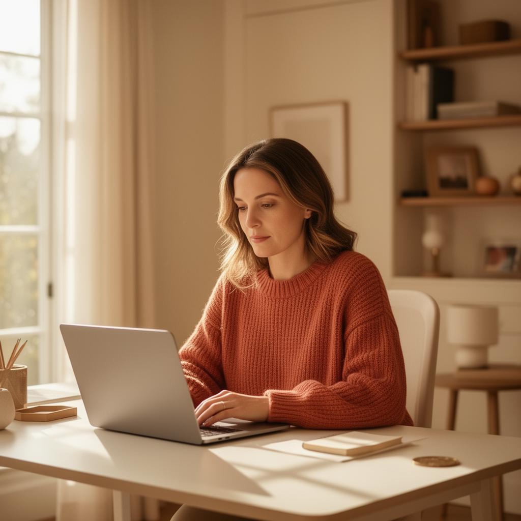 Woman working calmly from her sunlit home office while wearing Mira discreetly